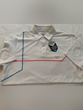 Callaway White Golf Polo with Blue & Orange Line Accents